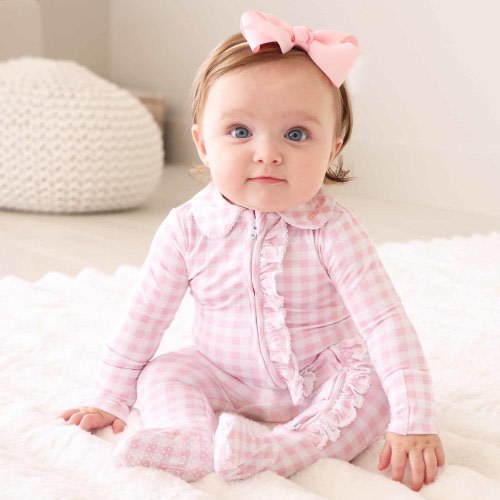 Peter Pan Collar Ruffle Zipper Footie | Rosy Gingham