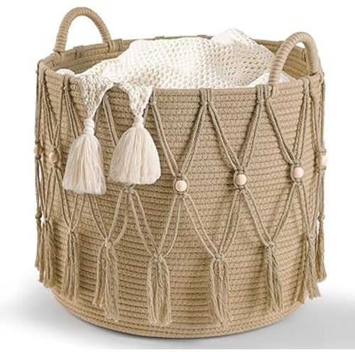Blanket Basket for Living Room Decor Storage Basket for Toy Organizer Boho Decor Baskets for Modern Farmhouse Decor Small Laundry Basket for Bedroom and Laundry Room Organization,Beige