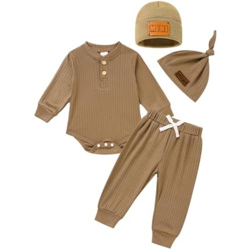 Newborn Baby Boy Girl Clothes Set Ribbed Outfits Solid Long Sleeve Tops Pants Romper Winter Fall Toddler 0-12 Months