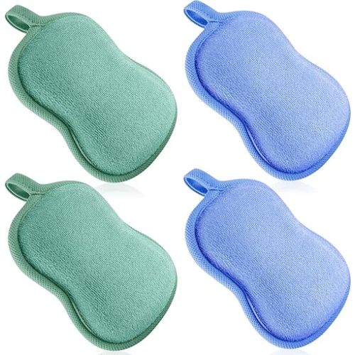 Tatuo 4-Piece Baby Bath Sponge Set - Soft, Absorbent Cotton & Sponge Loofah for Kids, Babies, Men & Women (Green, Blue)