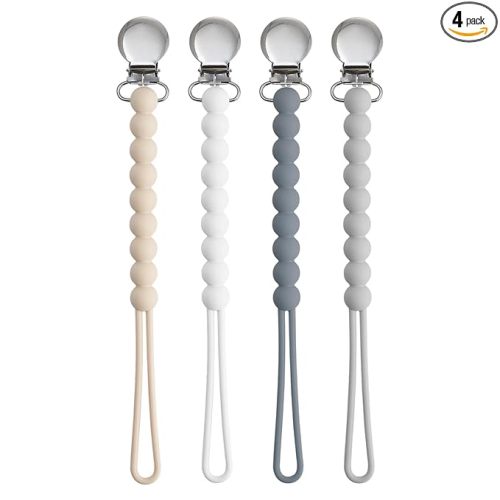 Pacifier Clip for Boys Girls - MORIBOX 4 Pack Paci Clip Soothie Baby Binky Holder for Shower Gift Birthday (Beige+White+Dgrey+Lgrey)