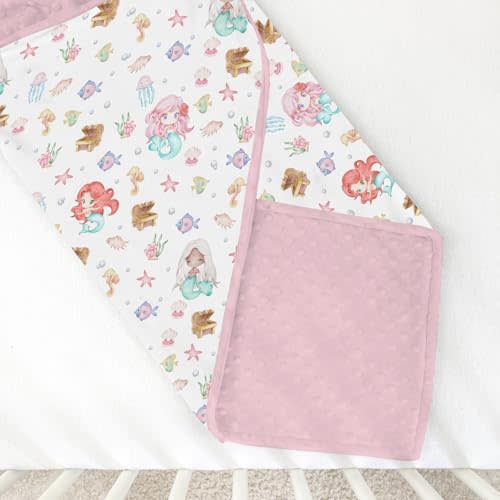 Watercolor Mermaids Minky Baby Blanket Girl Boy Dotted Backing Double Layer Ocean Animal Fish Sea Horse Jellyfish Conch Coral Soft Swaddle Receiving Blanket Toddler Nursery Crib Bed Blanket 30x40