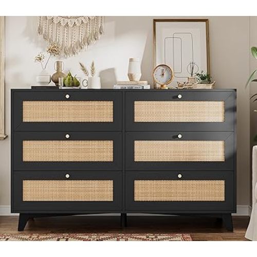 VIAGDO Black Rattan Dresser for Bedroom, 6 Drawer Dresser with Natural Rattan Drawers, Wooden Wide Dresser with Gold Handles, Modern Closet Dressers Chest of Drawers for Nursery Entryway Living Room