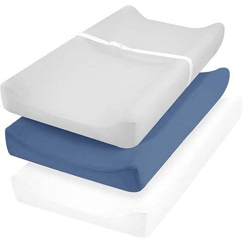 david's Kids 3 Pack Changing Pad Cover Set, Ultra Soft Breathable Cozy Microfiber Diaper Change Table Sheets for Baby Boys Girls Netural, Fit Most Changing Pads, White & Light Grey & Navy Blue