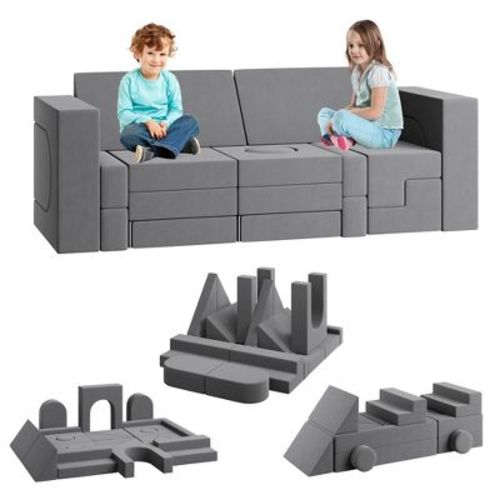 Kids Couch for Building Fort Toy,22pcs DIY Toddler Sofa,Velvet Toddler Futon Sofa Bed for Playroom, Bedroom,Grey