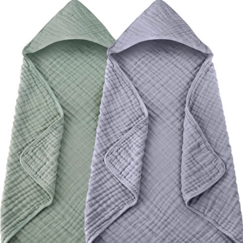 2 Pack Hooded Baby Towels - 100% Muslin Cotton for Newborns, Infants, Toddlers - Large 32x32 Inch Size - Highly Absorbent and Essential for Newborn Care, Light Bean Paste