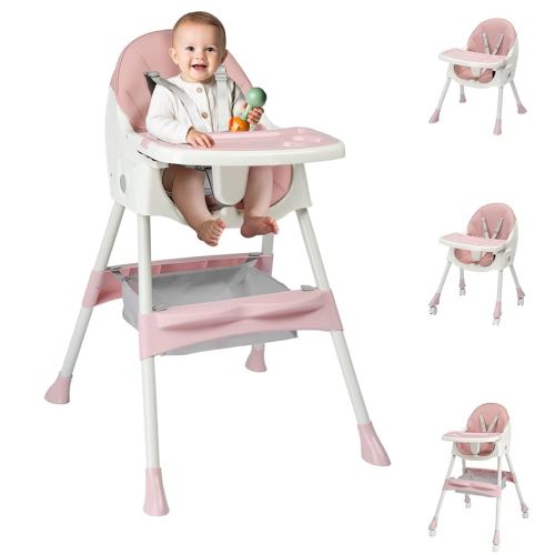 Ktaxon Foldable Baby High Chair, 2-in-1 Portable Convertible Highchair with Removable Dual-Layer Tray, 5-Point Safety Harness and Storage Bag for Toddlers & Babies, Pink