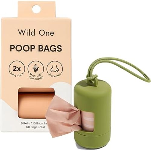 Wild One Dog Poop Bag Holder and Dispenser with Leash Attachment, Leak Proof, Easy Twist Top for Refills, Includes 1 Box Of Bags, Moss