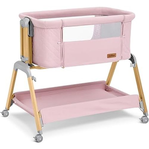 Bassinet Bedside Sleeper, Rocking Bassinets with Comfy Mattress and Wheels for Newborn, 5-Height Adjustable (Pink)