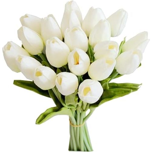 Mandy's Artificial Tulips 20 Stems White PU Faux Flowers for Thanksgiving and Christmas Decorations Wedding Home Decor 13.5 Inch