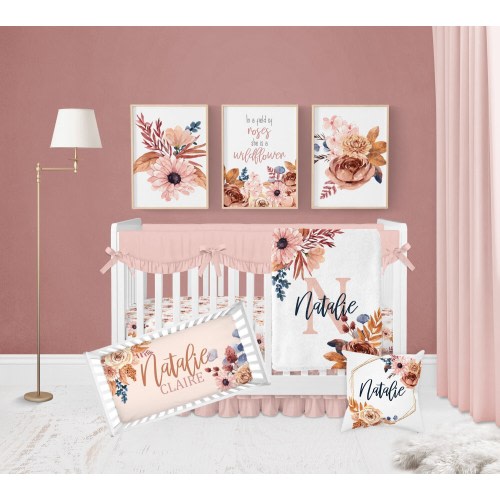 Boho Crib Bedding Set Girl, Baby Girl Crib Bedding, Floral Crib Bedding, Floral Boho Nursery Bedding, Pink, Orange, Rust, Crib Sheets Girl