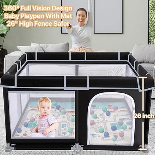 Baby Playpen with Mat, 50”×50” Playpen, Durable and Secure Baby Play Pen, Indoor & Outdoor Kids Activity Play Center. Equipped with Anti-Slip Suckers and a Zipper Gate, Anti-Fall(Black) - 50"x50"+Mat