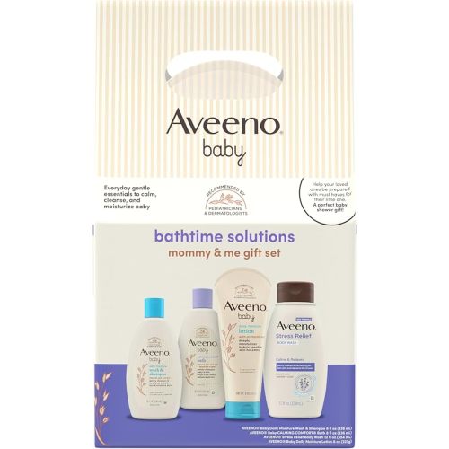 Aveeno Baby Mommy & Me Daily Bathtime Gift Set Including Baby Wash & Shampoo, Calming Baby Bath & Wash, Baby Moisturizing Lotion & Stress Relief Body Wash for Mom, 4 Items