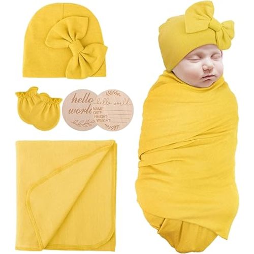 Newborn Receiving Blanket with Bow Hat Mittens Wooden Card Set Newborns Toddler Baby Boy Girl Nursery Swaddle Wrap