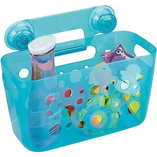 mDesign Hanging Plastic Bath Toy Holder and Organizer - Suction Cup Bathtub or Shower Caddy - Storage Bin Basket for Bathroom Organization - Bath Toy Strainer Bucket for Quick Drying - Aqua Blue