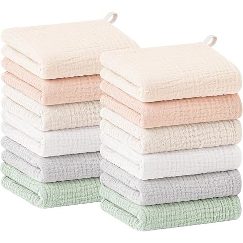 Bearmoss 12 Pack Baby Muslin Washcloths, 100% Cotton Soft Face Towels, 10"x10" Absorbent Bath Wash Cloths and Burp Cloths for Newborn Infants Kids Girls & Boys (Multicolored)