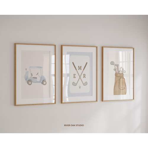 Set of 3 Golf Nursery Prints with Personalized Monogram, Custom Initials Golf Toddler Room Vintage, Blue Gingham Golf Kid Bedroom Decor
