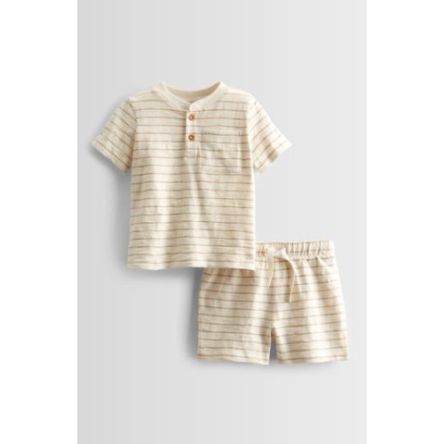 Stripe Short Sleeve Henley & Drawstring Shorts Set