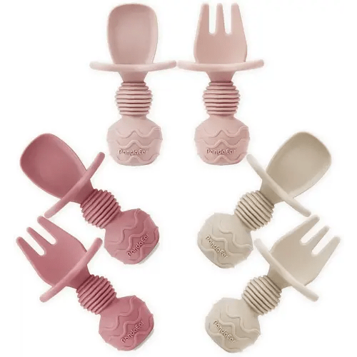 PandaEar 6 Pack Silicone Baby Spoons and Fork Feeding Set- Anti-Choke First Self Feeding Utensils for Baby Led Weaning Ages 3 Months -Pink