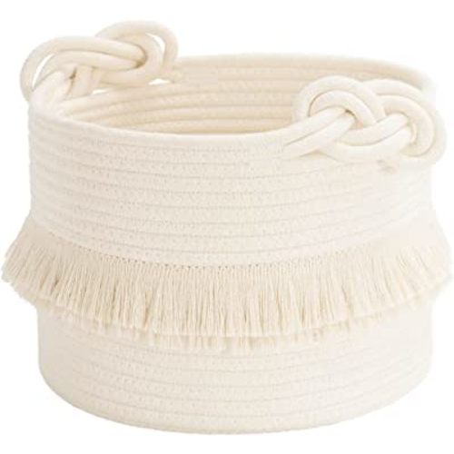 CherryNow Small Woven Storage Baskets Cotton Rope Decorative Hamper for Diaper, Blankets, Magazine and Keys, Cute Tassel Nursery Decor - Home Storage Container – 9.5'' x 7'' Off-white