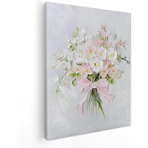 QICLM Watercolor Floral Bouquet Framed Wall Art Poster, Floral Wall Decor, Coquette Pink Bow Wildflowers Wall Prints for Girly Bedroom Home Living Room, 11x14 Inch