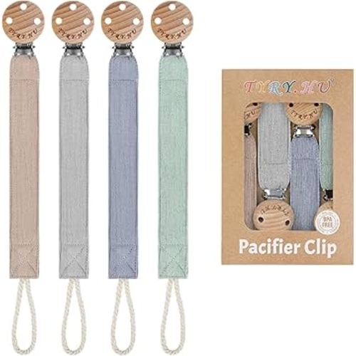 TYRY.HU Ribbon Pacifier Clip Holder,4 Pack Binky Paci Holder Clips, Pacifier Leash for Boys and Girls, Soft Webbing Strap Universal Fits for Most Pacifier, Styles & Teethers(Khaki,Grey,Blue,Green)