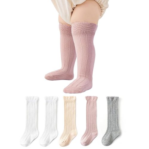 Zando Toddler Girls Knee High Socks 5-Pack, Soft Cotton Long Tube Ruffle Socks for Preemie Infant Newborn Toddler 0-3T