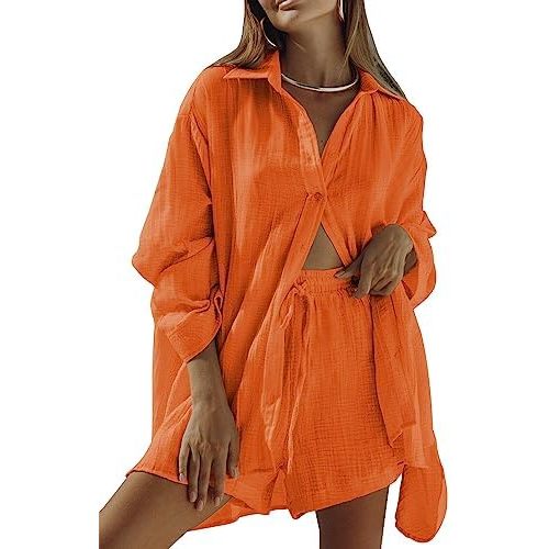 Fixmatti Women 2 Piece Outfits Long Sleeve Button Down Blouse and Shorts Sweatsuit Sets