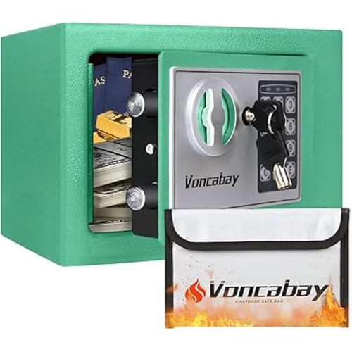 Voncabay Money Safe Box for Home with Sensor Light & Fireproof Security Safe Box for Money Safe with Keys & Pass Code, Lock Box Fireproof Safe with Digital Keypad Green