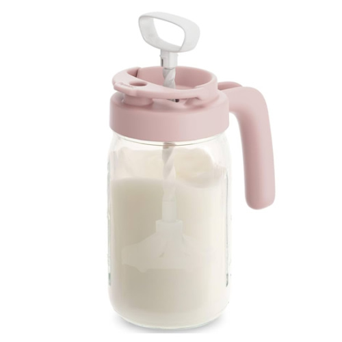 Papablic Glass Breastmilk Pitcher, Formula Mixing Pitcher with Mixing Handle Lid, Wide Mouth Mason Jar Mixer with Flip Locking Spout, Easy to Clean, BPA Free, Pink