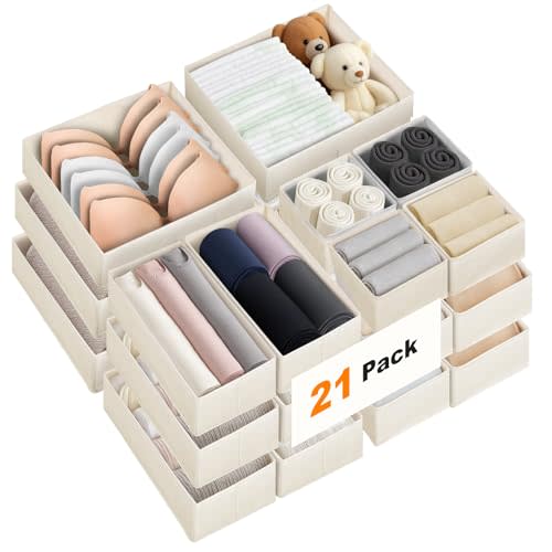 Premium Natural Linen Drawer Organizer Clothes, 21 Pack Dresser Organizer for Baby Clothes, Underwear, Socks, 3 Sizes Foldable Closet Organization and Storage Bins for Nursery, Bedroom (Beige)