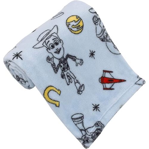 Disney Toy Story 4 Super Soft Blue, Yellow, Red Buzz Lightyear Woody Star Rocket Horse Shoe French Fiber Baby Blanket, Blue, Red, Yellow (4141501P)