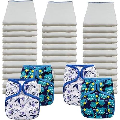 OsoCozy Economy Prefold Cloth Diaper Package - 3 Dozen Infant 4x6x4 Bleached 100% Cotton Prefold Diapers (7-15 lbs) & 4 One-Size Diaper Covers (2 Maritme. 2 Dragons)