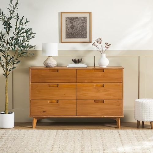 Walker Edison Sloane 6-Drawer Groove Handle Solid Wood Dresser, 52 Inch, Caramel