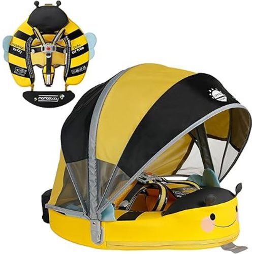 Mambobaby Float with Canopy Non-Inflatable Baby Pool Float Infant Solid Swim Float Add Tail Water Floats Smart Swim Trainer for Infant Toddler 3-24 Months, Honey Bee Yellow
