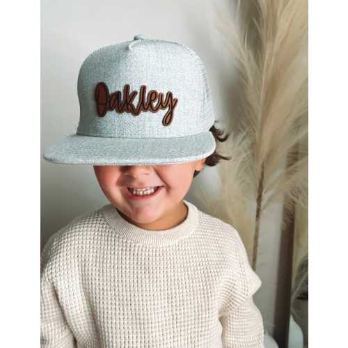 Leather Patch Hat, Personalized, Flat Bill, Custom Infant Toddler Kids Youth Snapback Hat, Child Cap, Trucker Mesh Back Hat