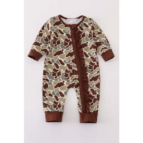 Camouflage ruffle zip girl romper
