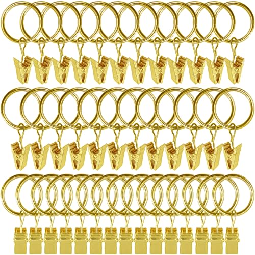 WeeksEight 44 Pack Gold Curtain Rings with Clips, Curtain Hooks Hangers Clip Rings for Hanging Drapes Bows Hat, Drapery Rings 1 in I D, Fits up to 5/8 in Diameter Curtain Rod.