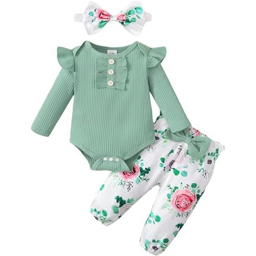 Baby Girl Clothes Newborn Infant Long Sleeve Ruffle Romper Floral Pants Outfit Set for 0-18 Months