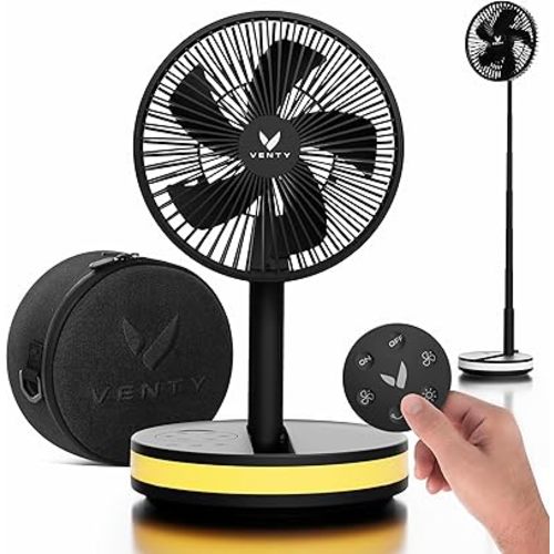 VENTY Portable Fan - Wireless Battery Operated Fan - 4 Speeds - LED Lighting - Carry Case & Remote Control - Cruise Travel - Outdoor Travel RV Power Bank With USB-C Port (Black with Case)