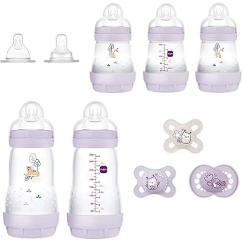 MAM Newborn Essentials "Baby Essentials" Matte Gift Set (10-Piece), Easy Start Anti-Colic Baby Bottles, Baby Girl Pacifiers