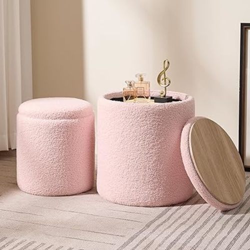 Round Boucle Upholstered Ottoman with Storage Set of 2 Vanity Stool Foot Rest with Removable Lid Pink Tall Ottomans Chair for Living Room Pouf Footstool,Gifts