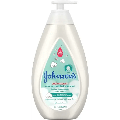 Johnson's CottonTouch Newborn Baby Wash & Shampoo with No More Tears, Sulfate-, Paraben- Free for Sensitive Skin, Made with Real Cotton, Gently Washes Away Dirt & Germs, 27.1 fl. oz