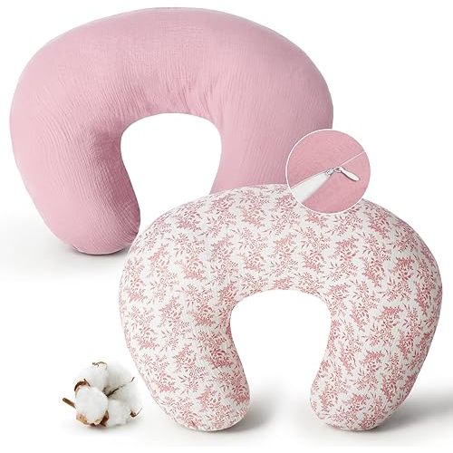 FUNUPUP Muslin Nursing Pillow Cover Replacement, Pink & Pink Leaves