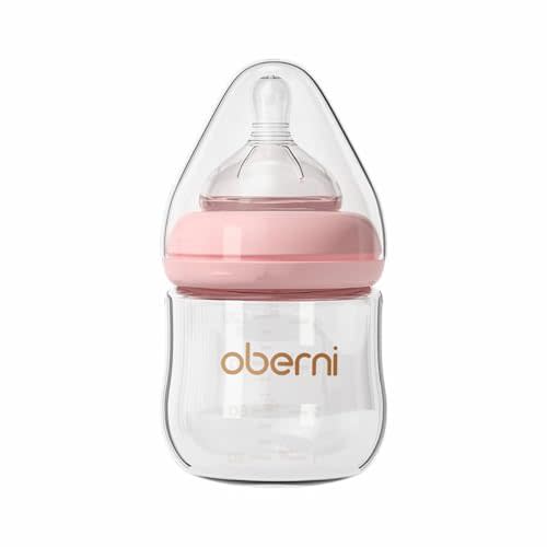 Oberni Glass Baby Bottles,Anti Colic Breastfeeding Bottle with Natural Response Nipple Size S,Wide Neck Slow Flow Baby Bottle for Baby,Newborn,Preemie 0-3 0-6 Month,BPA Free (Pink, 1 Pack, 4 Ounce)