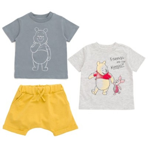Disney Mickey Mouse Winnie the Pooh T-Shirt and Shorts 3 Piece Outfit Set Infant to Little Kid, Color: Yellow / gray, Size: 3t