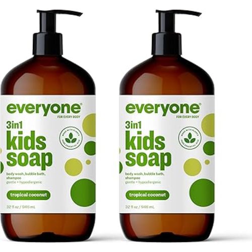 Everyone 3-in-1 Kids Soap, Body Wash, Bubble Bath, Shampoo, 32 Ounce (Pack of 2), Tropical Coconut Twist, Coconut Cleanser with Plant Extracts and Pure Essential Oils