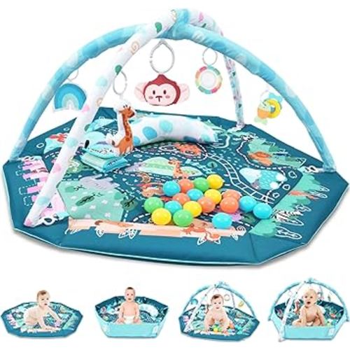 Baby Gym Play Mat, 8-in-1 Tummy Time Mat & Activity Gym, Washable Ball Pit with 18 Balls, Infant Play Mat with Detachable Toys for Sensory Exploration and Motor Skill Development, Gifts for Baby
