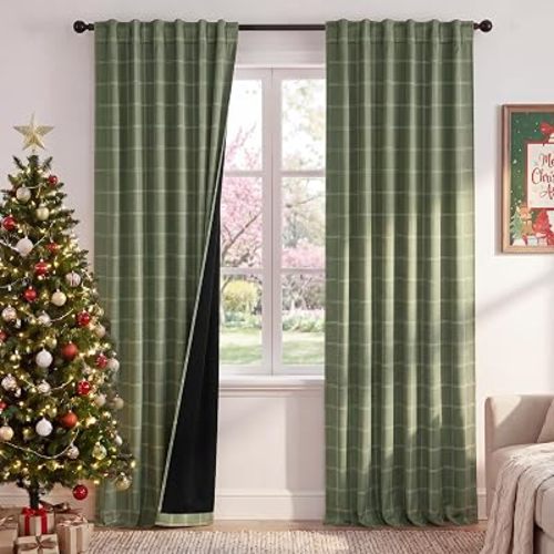 KGORGE 100% Blackout Plaid Curtains 2 Panels, Moss Green Windowpane Check Thermal Insulated Vintage Patterned Grid Drapes for Bedroom Living Room Kids Room, Rod Pocket Back Tab, W52 x L84