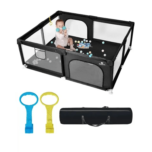 Baby Playpen with Mat, 71" x 59" Extra Large Play Yard for Babies and Toddlers, Baby Fence with Soft Thick Play Mat, Indoor Safety Activity Center for Infants, Easy to Assemble and Clean（Black）